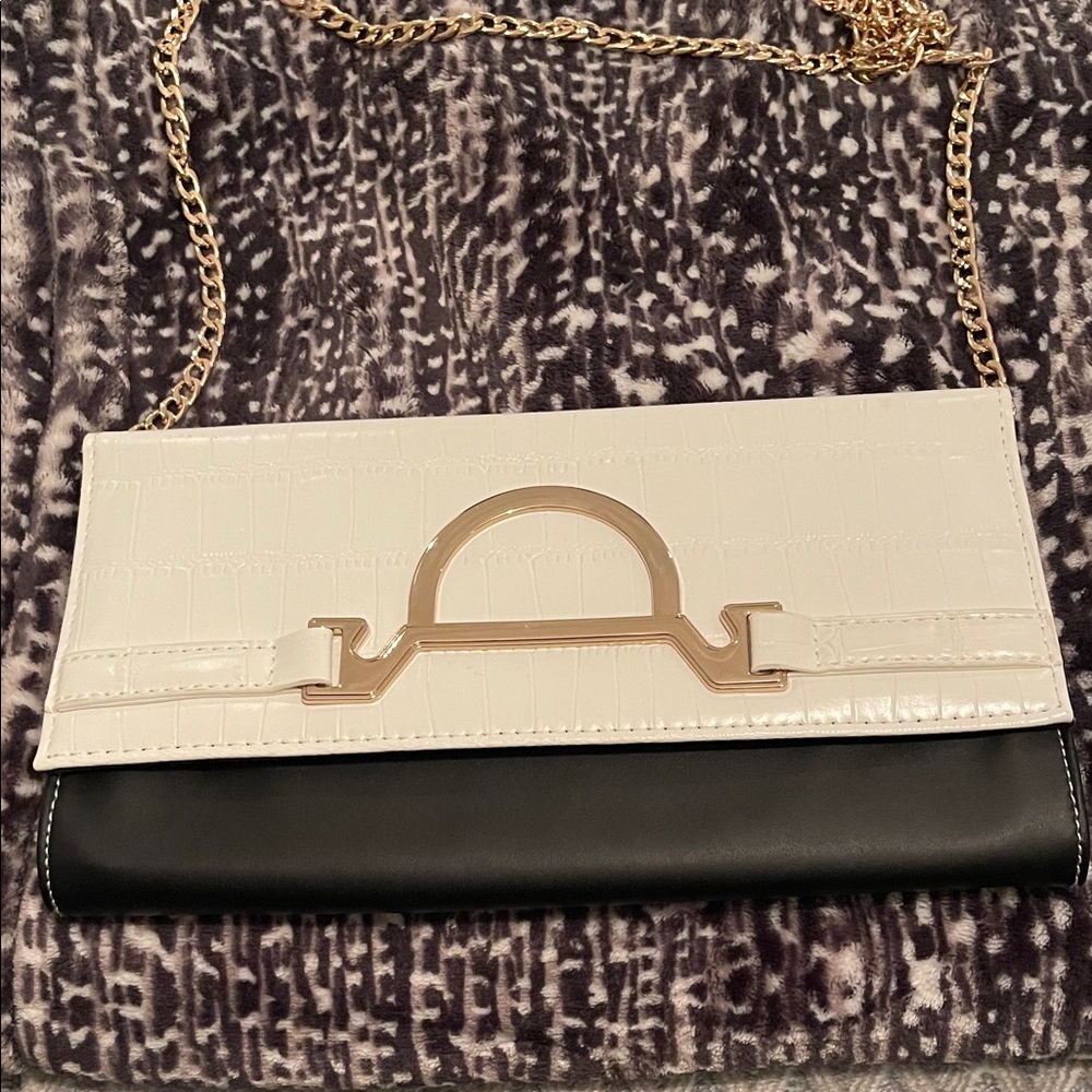 Two-Tone White and Black Chain Strap Clutch